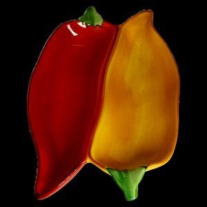 Clay Art Salsa Dip Bowl Red/Yellow Double Chili Pepper Caliente Collection Dish